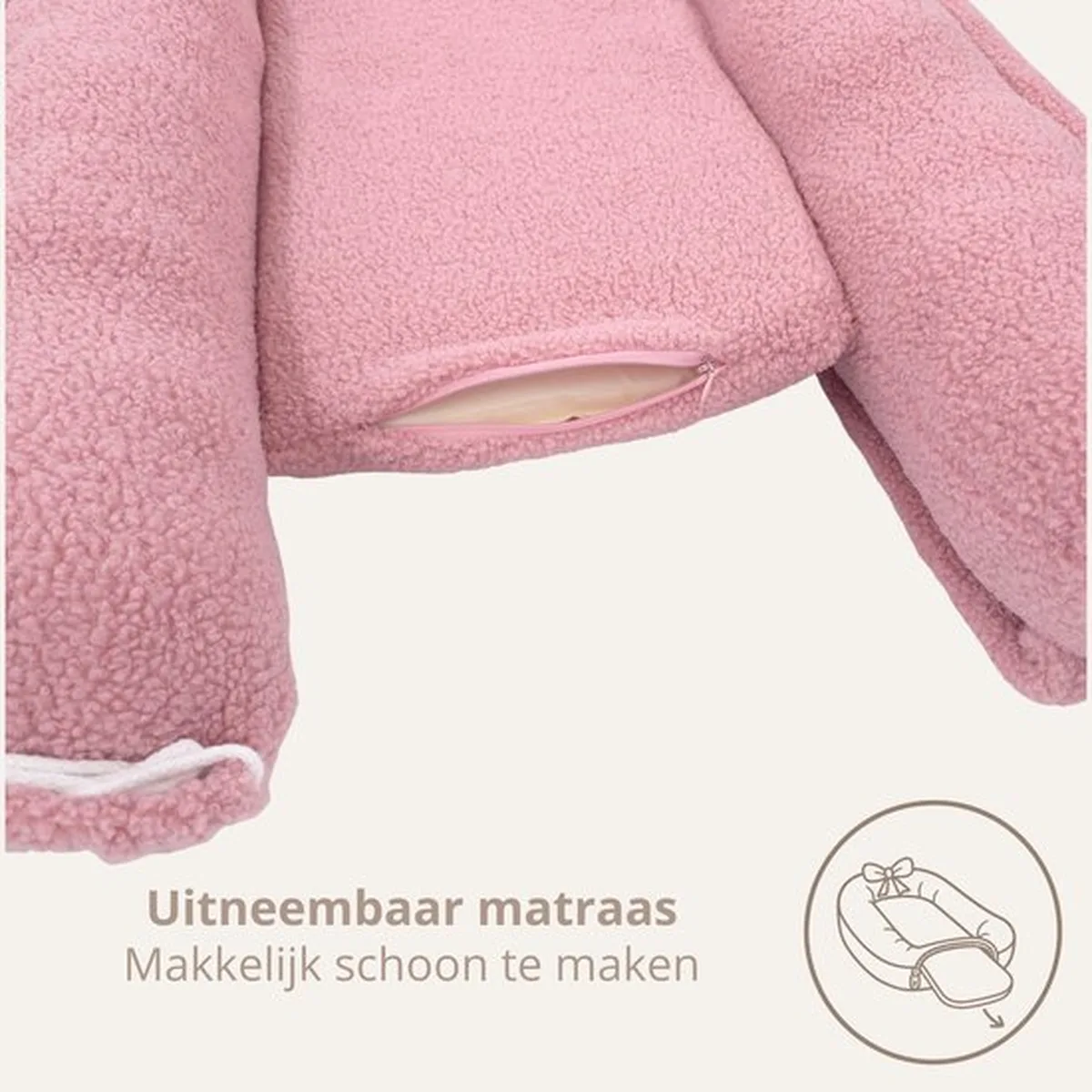 Soosie Teddy Bow Babynestje – Zacht Teddy Babynest met Uitneembaar Matras en Decoratieve Strik – Roze - 3