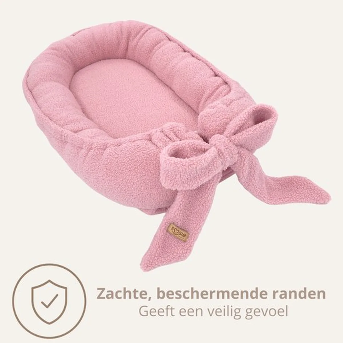 Soosie Teddy Bow Babynestje – Zacht Teddy Babynest met Uitneembaar Matras en Decoratieve Strik – Roze - 7