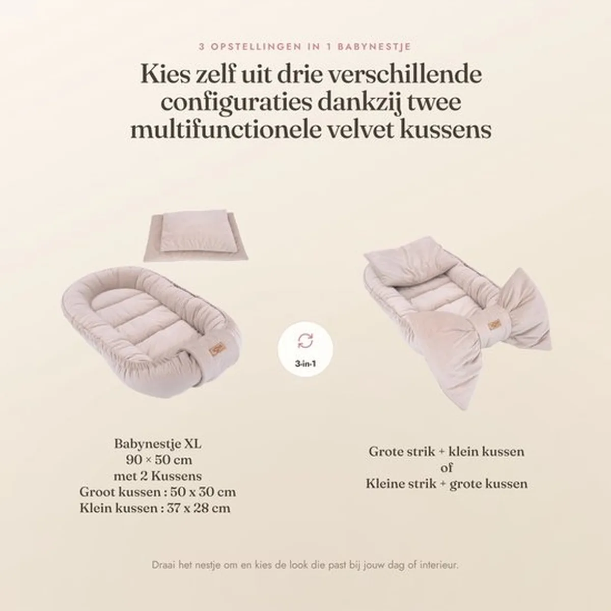 Soosie Luxe Velvet Bow Babynestje Beige – 3 Opstellingen in 1 – Inclusief 2 Multifunctionele Kussens - 3
