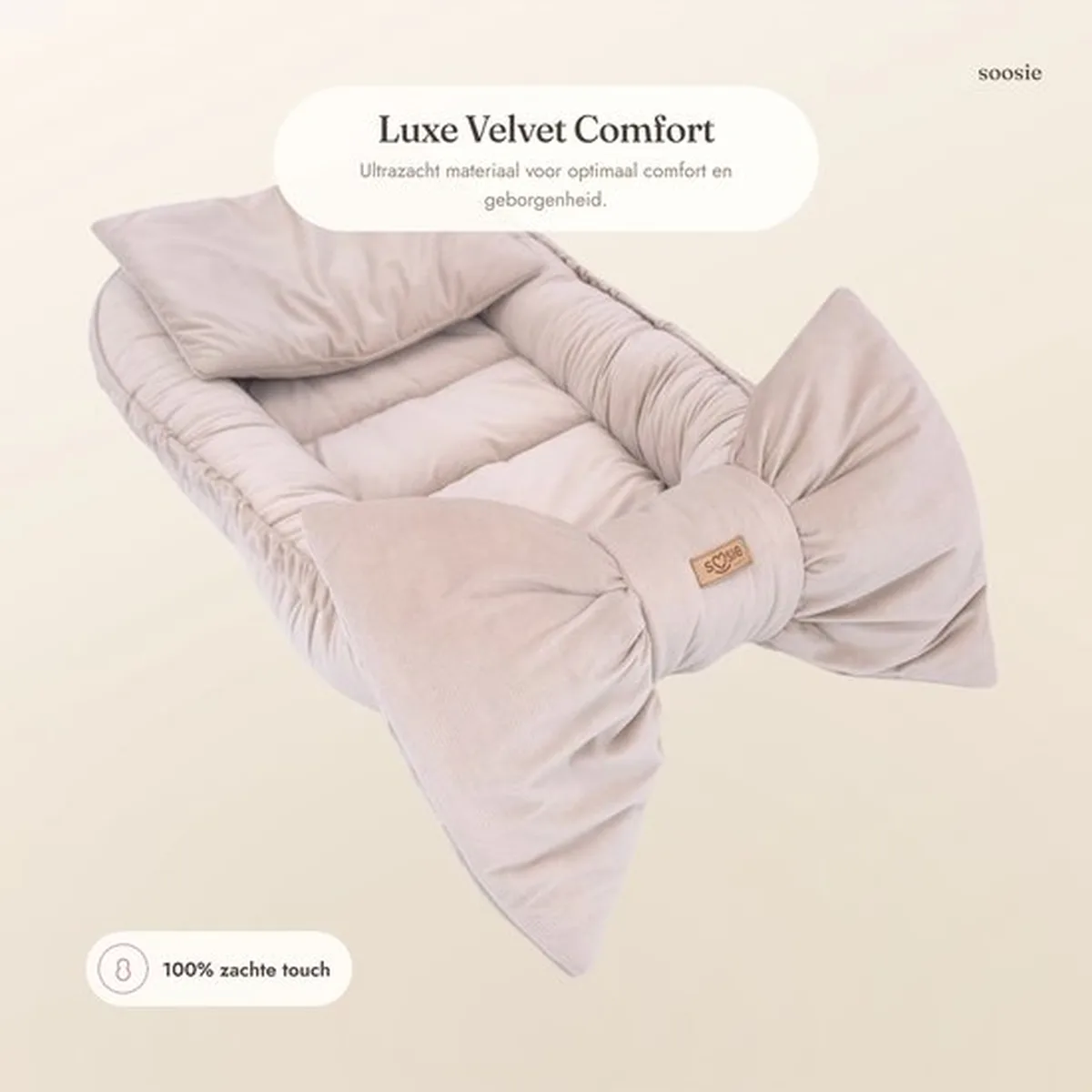 Soosie Luxe Velvet Bow Babynestje Beige – 3 Opstellingen in 1 – Inclusief 2 Multifunctionele Kussens - 4