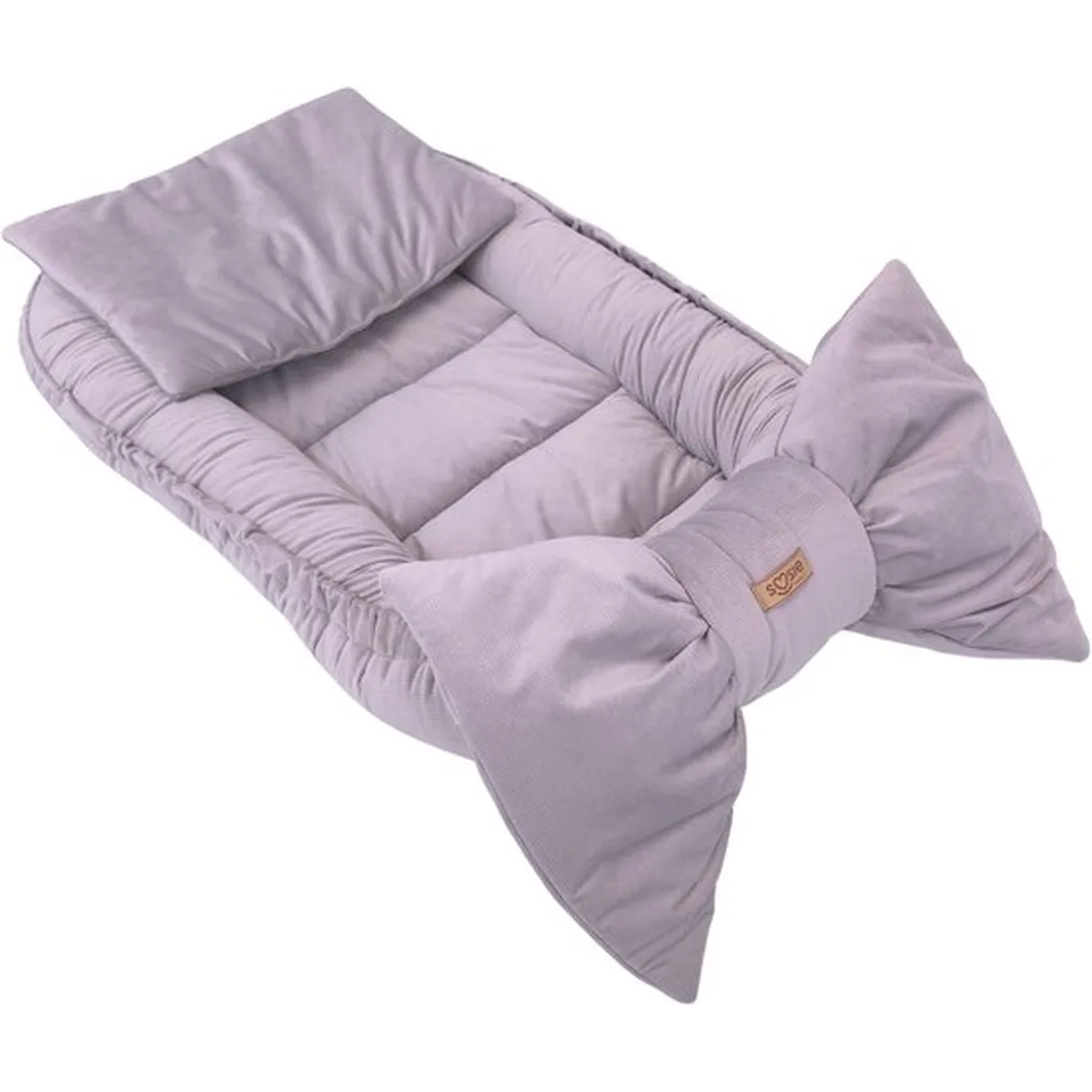 Soosie Luxe Velvet Bow Babynestje Zacht Grijs – 3 Opstellingen in 1 – Inclusief 2 Multifunctionele Kussens