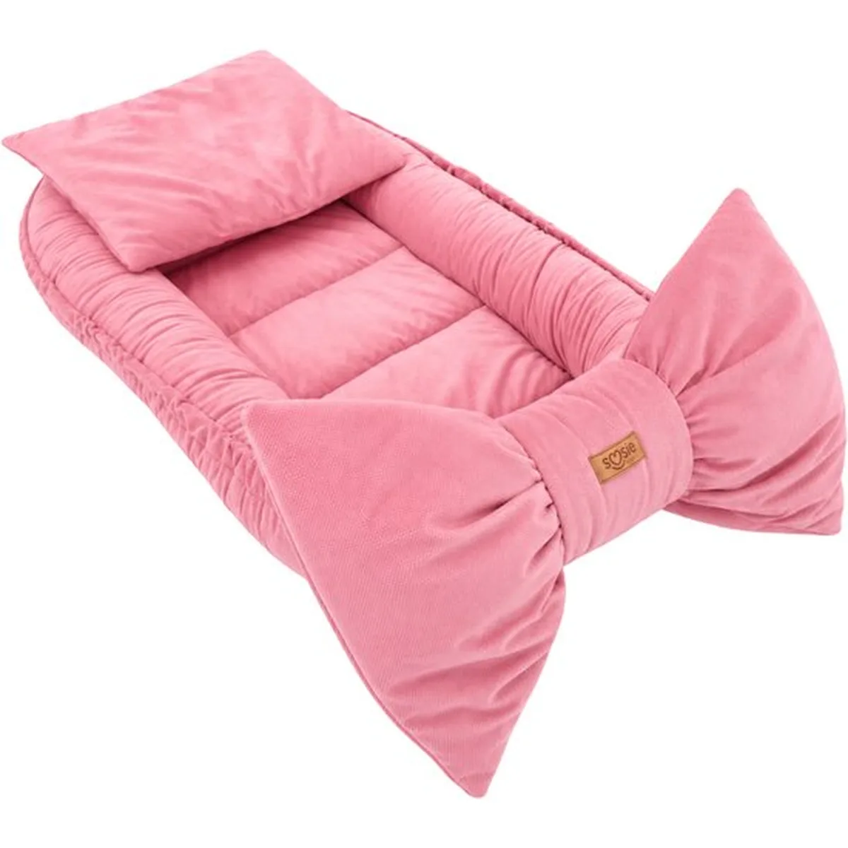 Soosie Luxe Velvet Bow Babynestje Roze – 3 Opstellingen in 1 – Inclusief 2 Multifunctionele Kussens