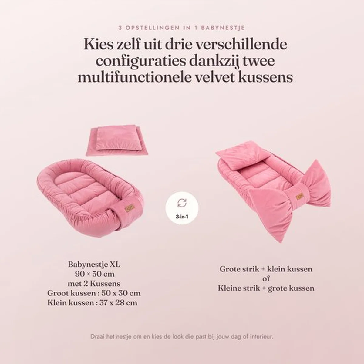 Soosie Luxe Velvet Bow Babynestje Roze – 3 Opstellingen in 1 – Inclusief 2 Multifunctionele Kussens - 3