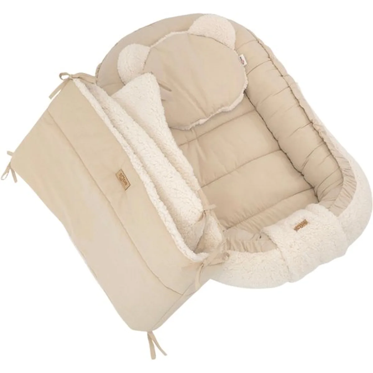 Soosie - Babynestje + Kussentje + Bedomrander — 3-delige set - Teddy Cream / Katoen Beige — Dubbelzijdig — 90×50 cm nest & 180×30 cm bumper — OEKO-TEX