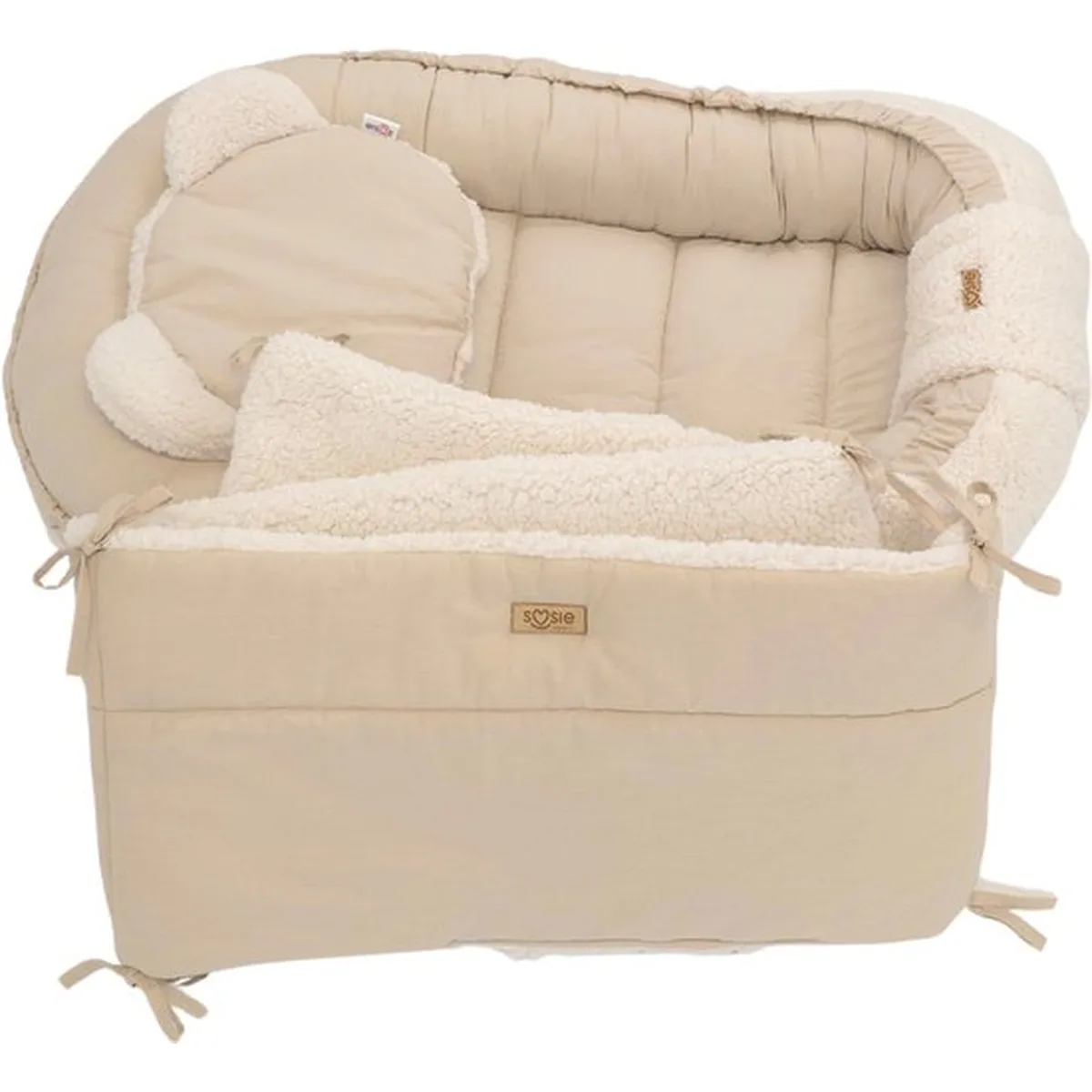 Soosie - Babynestje + Kussentje + Bedomrander — 3-delige set - Teddy Cream / Katoen Beige — Dubbelzijdig — 90×50 cm nest & 180×30 cm bumper — OEKO-TEX - 2