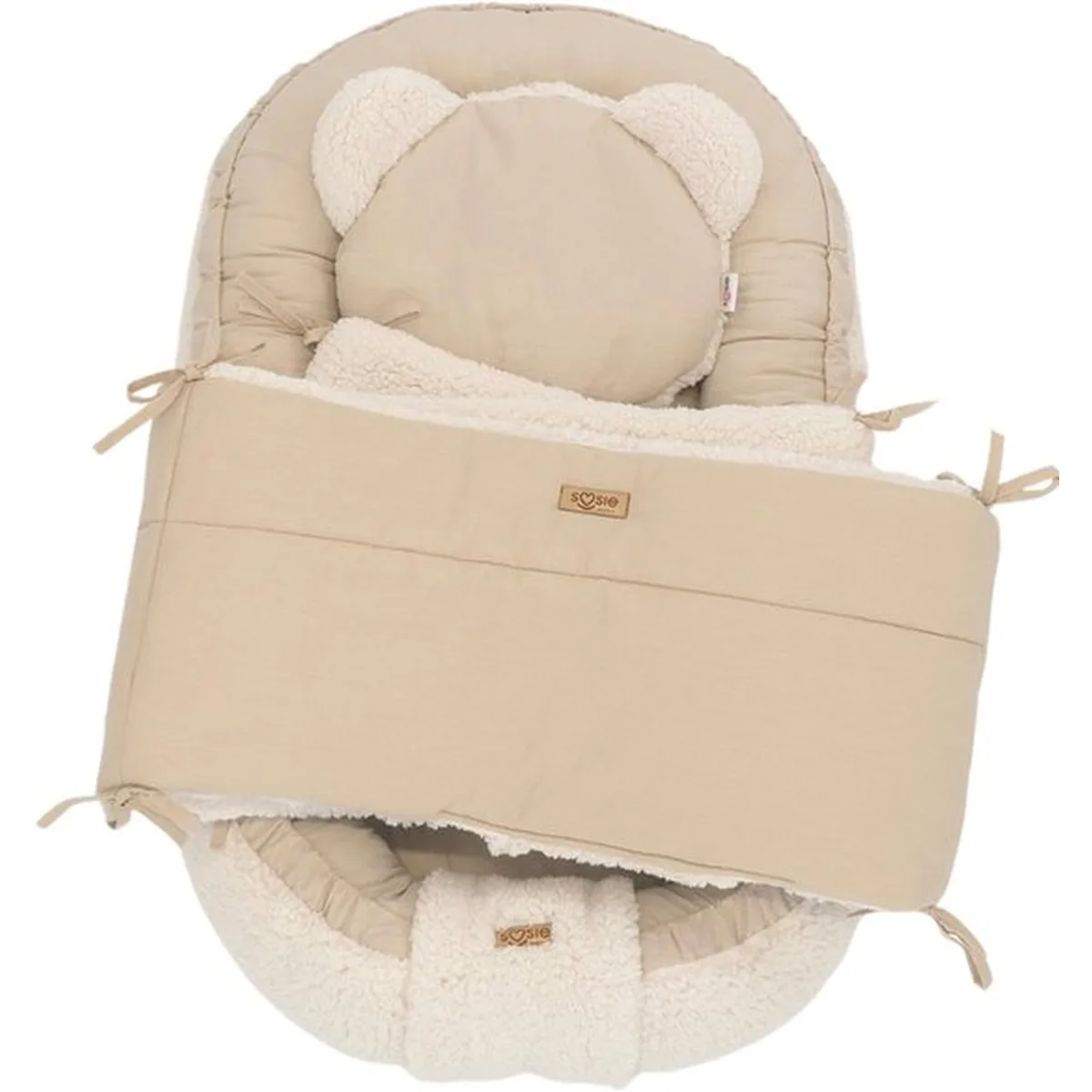 Soosie - Babynestje + Kussentje + Bedomrander — 3-delige set - Teddy Cream / Katoen Beige — Dubbelzijdig — 90×50 cm nest & 180×30 cm bumper — OEKO-TEX - 3