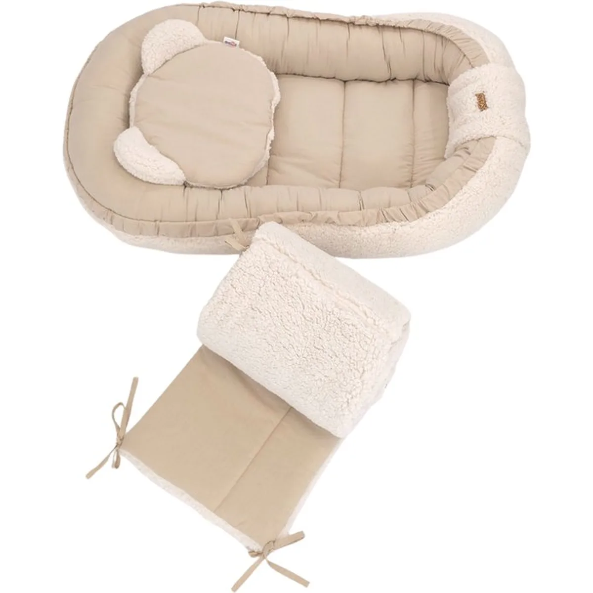 Soosie - Babynestje + Kussentje + Bedomrander — 3-delige set - Teddy Cream / Katoen Beige — Dubbelzijdig — 90×50 cm nest & 180×30 cm bumper — OEKO-TEX - 7