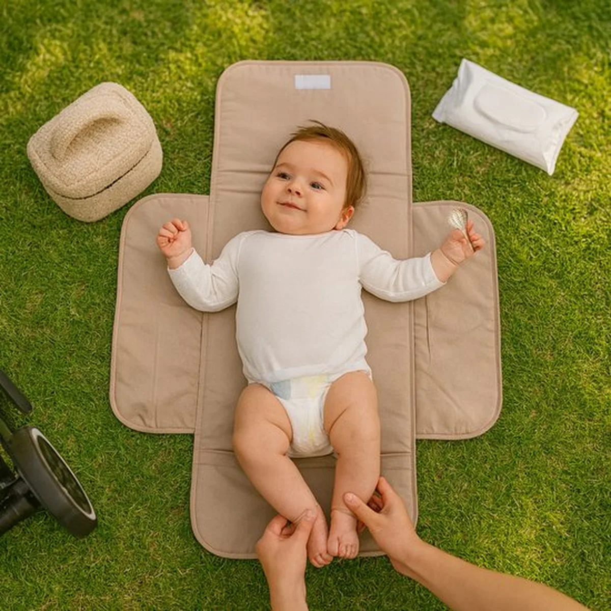 Soosie - Opvouwbaar Waterdicht Verschoonmatje – Reisverschoonmat Baby 70×55 cm – Beige – Met Vakje & Klittenbandsluiting - 7